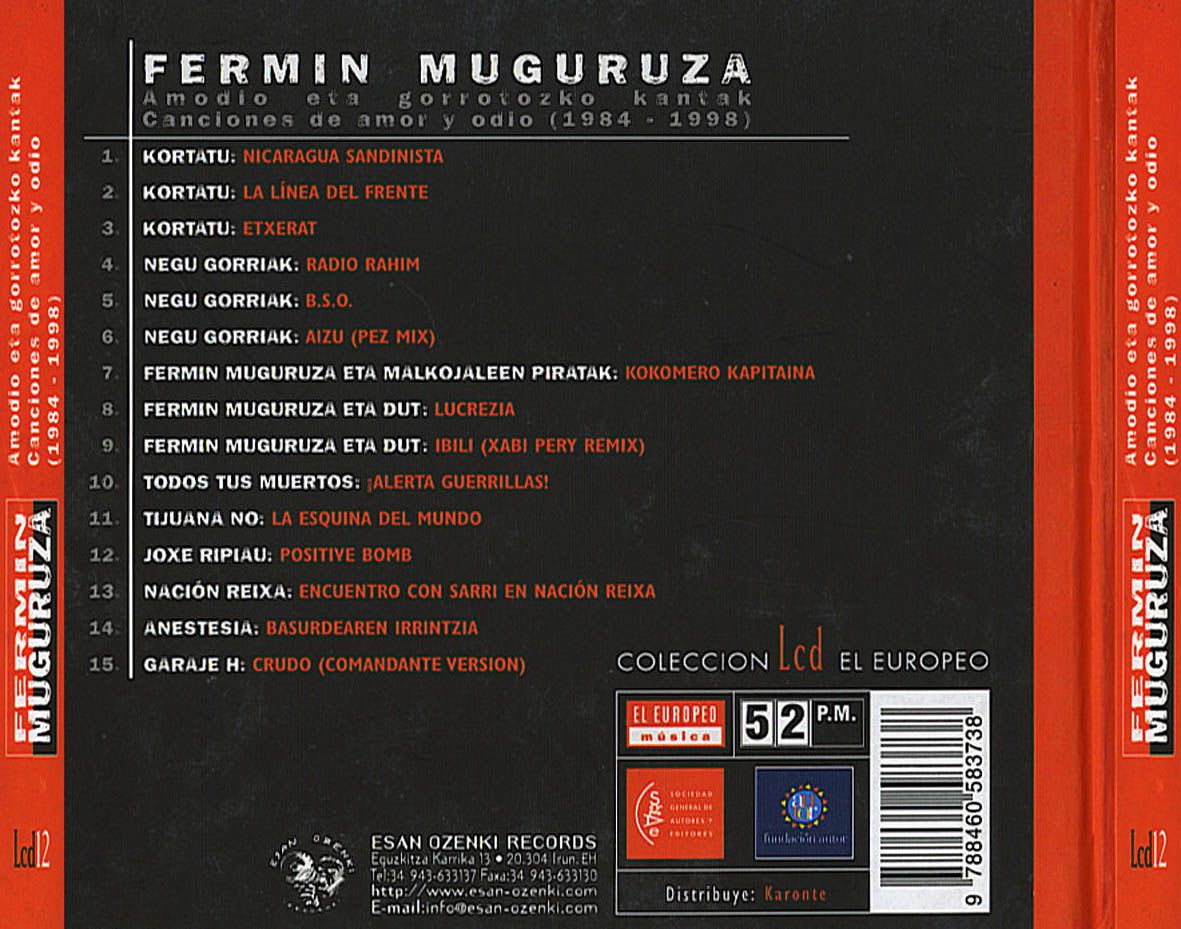 Fermin Muguruza Amodio Eta Gorrotozko Kantak Canciones De Amor Y Odio 1984 1998 Trasera - Amodio Eta Gorrotozko Kantak (Canciones De Amor Y Odio) VA