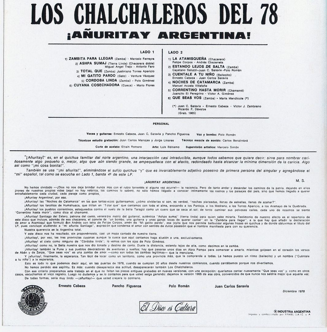 CD 29 CONTRATAPA - Los Chalchaleros - Añuritay Argentina (1977)