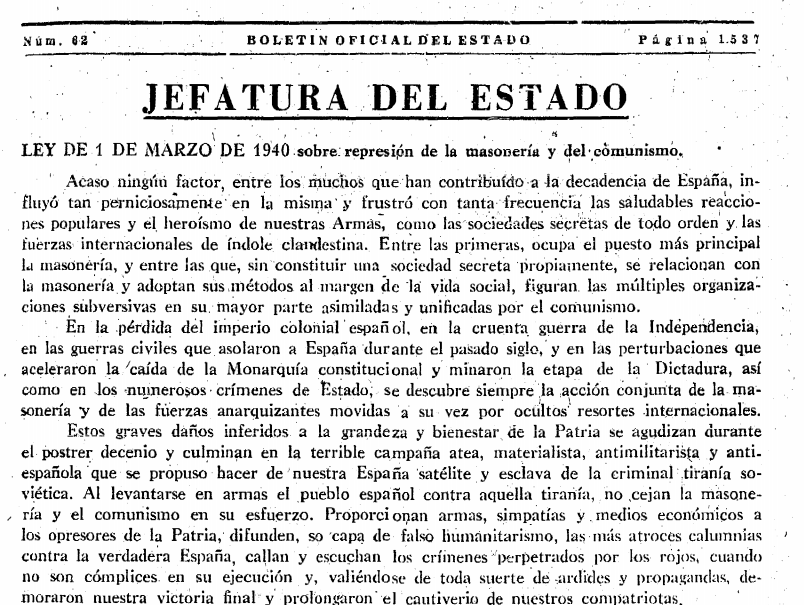 boletin - La publicación de la Ley de Represión de la Masonería en la prensa de la España de postguerra