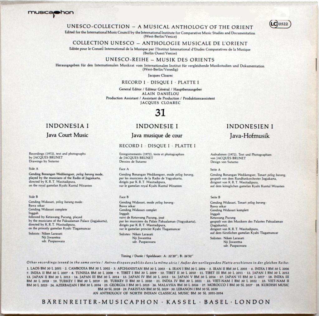 BM30L2031 Indonesia back 1200 ed - Unesco Collection. A Musical Anthology of the Orient - The Music of Indonesia I: Java Court Music