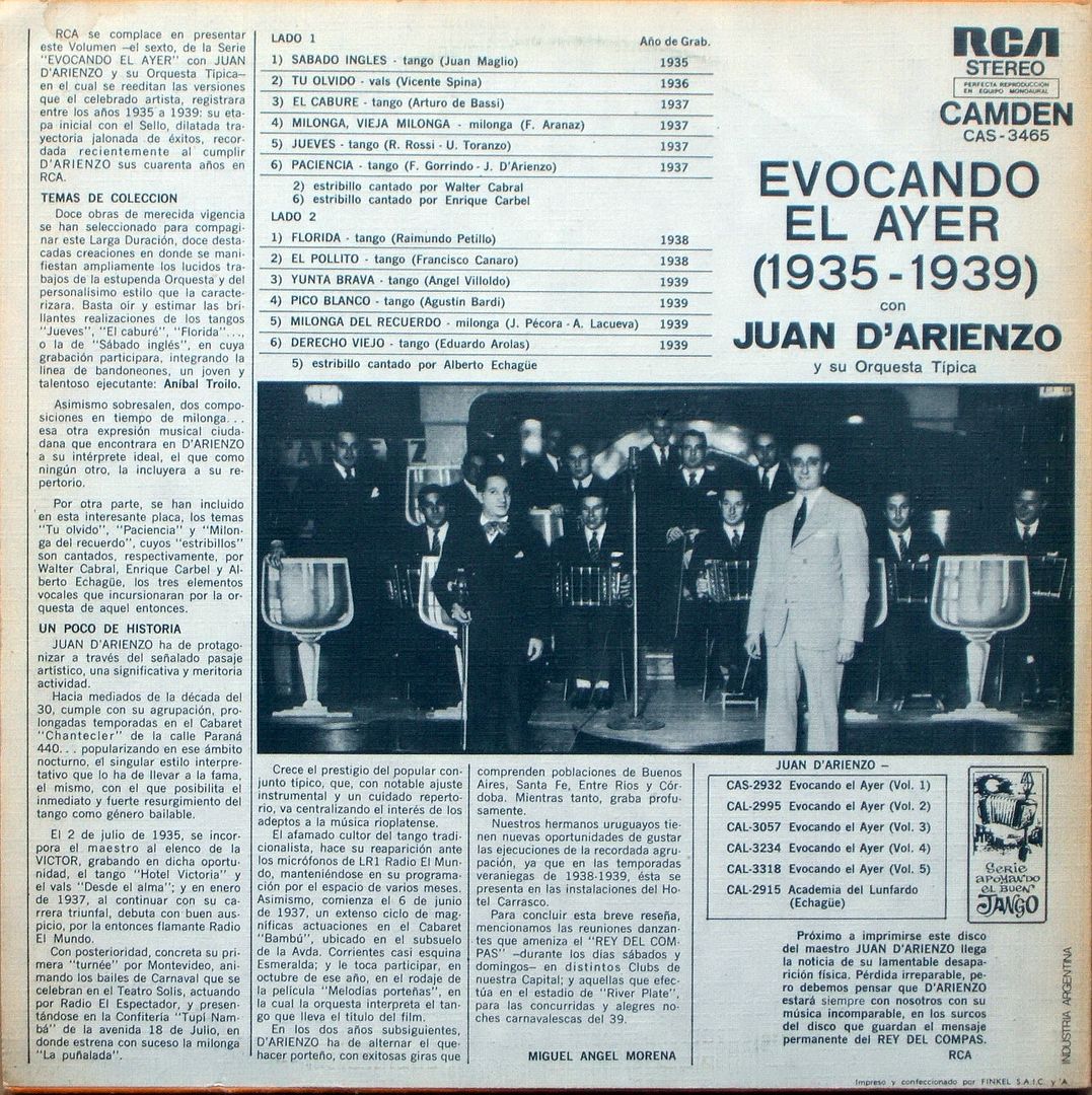 Trasera 1 - Juan D'arienzo - Evocando el ayer Vol.6 (1935-1939)