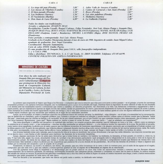 1987 canciones de los ancares contraportada - Joaquín Díaz - Canciones de los Ancares 1987