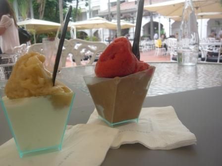 Ice cream: chocolate, strawberry, milk, pear flavor