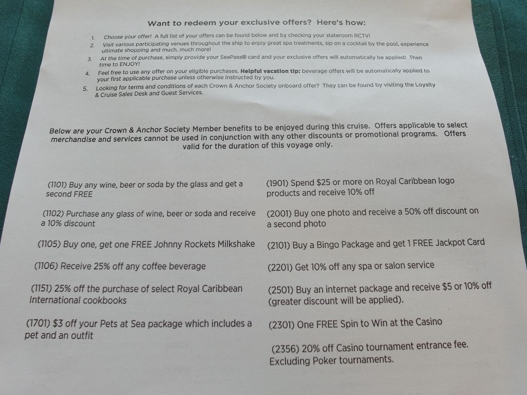 Gold level perks Royal Caribbean Cruise Crown and Anchor Society