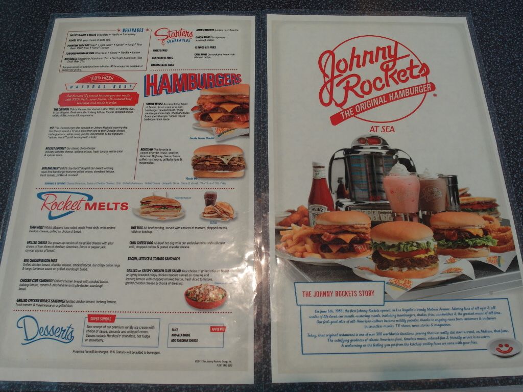 Menu of Johnny Rockets Royal Caribbean Cruise Mariner of the Seas