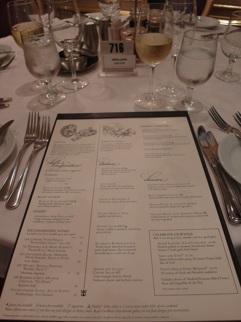 Dinner Menu Mariner of the Seas Royal Caribbean Cruise