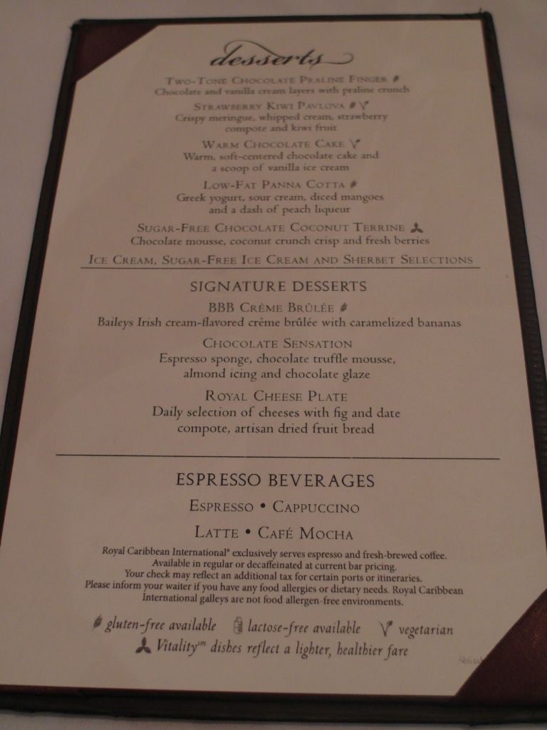 Dessert Menu Mariner of the Seas Royal Caribbean Cruise