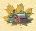 painting of barn with maple leaf background