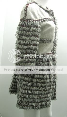 CHANEL Light Gray/Red Boucle Faux Fur Coat 2010 38  