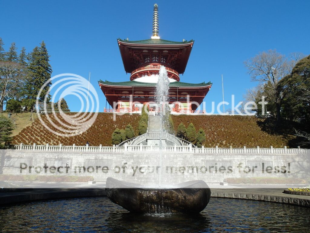 Tiered pagoda and fountain at Narita-san Shinsho-ji Temple