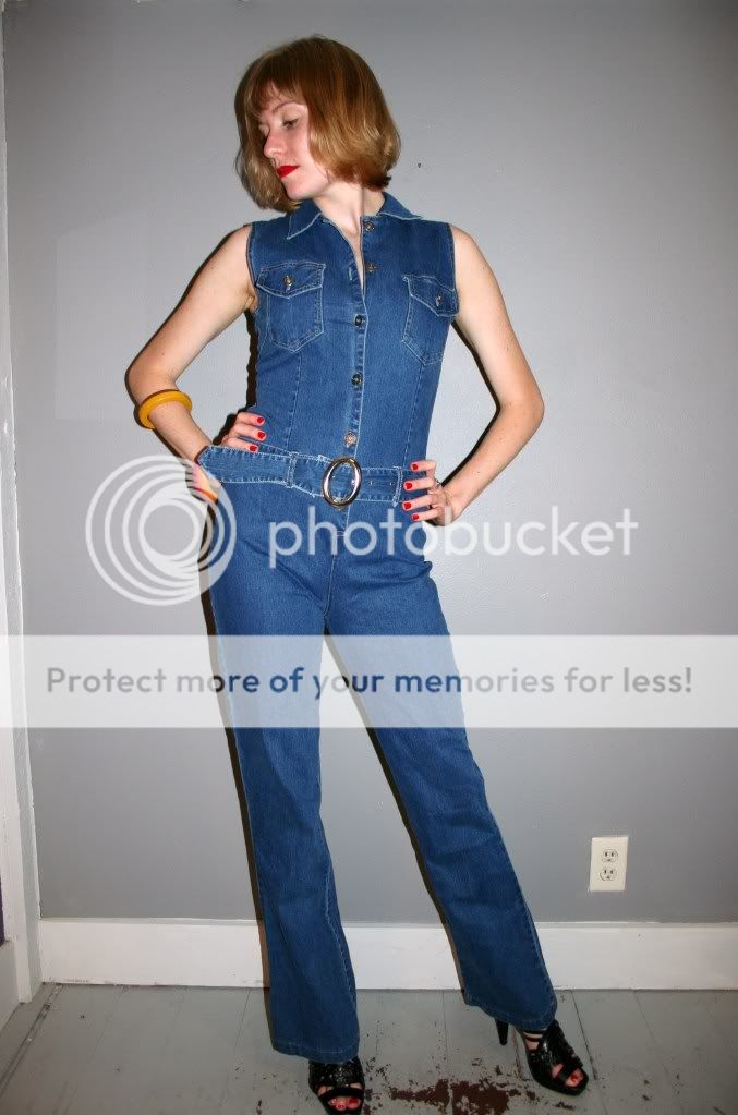 Vtg SEXY DENIM 90s Does 70s Belted BODY CON Disco Jumpsuit XS/S  